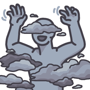 a figure from the waist up, raising their arms above their head and wiggling their fingers. They are an avatar of the Lonely. They are in indigo toned grayscale, and surrounded by clouds, which cover their eyes.